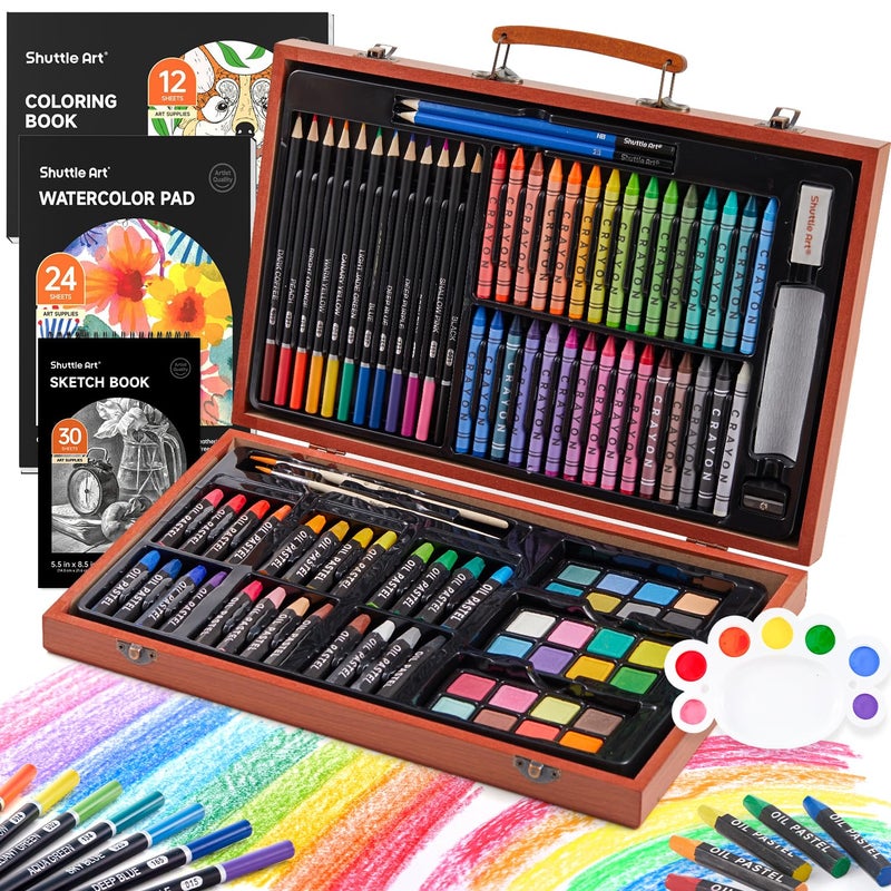 Shuttle Art 106 Piece Deluxe Art Set, Art Supplies in Wooden Case, Painting Drawing Art Kit with Crayons Colored Pencils Oil Pastels Watercolor Cakes Coloring Book Sketch Pad for Kids Adults - Image 1